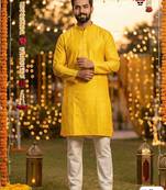 Yellow silk jecquard party wear kurta and payjama