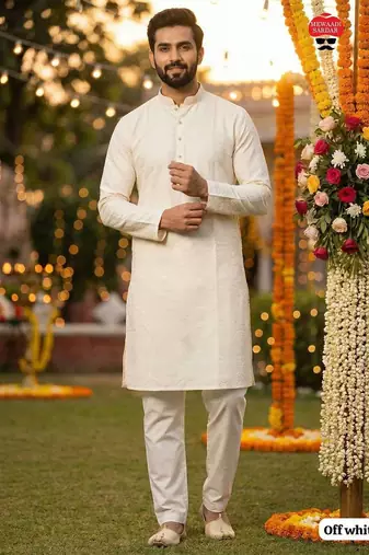 White silk jecquard party wear kurta and payjama