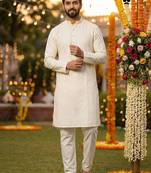 White silk jecquard party wear kurta and payjama