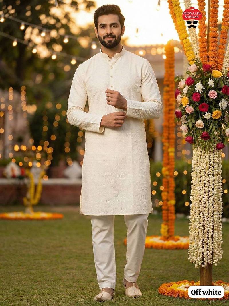 White silk jecquard party wear kurta and payjama