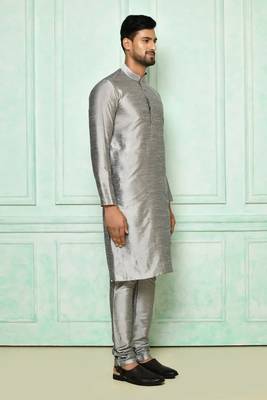 Grey art silk mens  kurta with churidar set 2