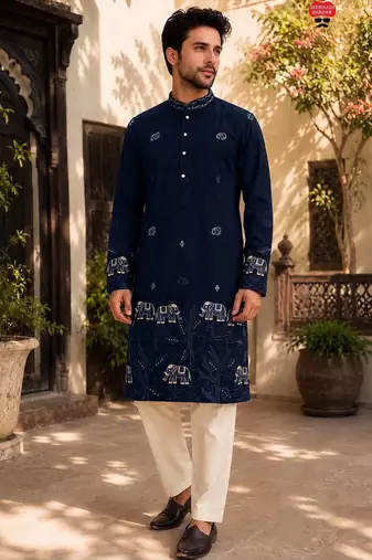 Blue lachko embroidery party wear kurta and payjama