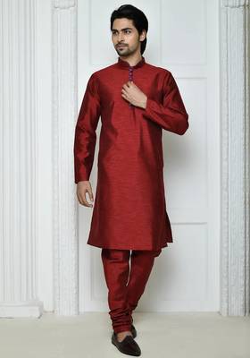 Maroon art silk mens  kurta with churidar set 1