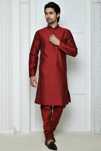 Maroon art silk mens  kurta with churidar set