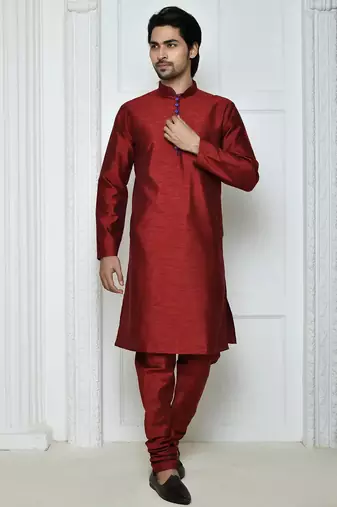 Maroon art silk mens  kurta with churidar set