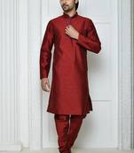 Maroon art silk mens  kurta with churidar set
