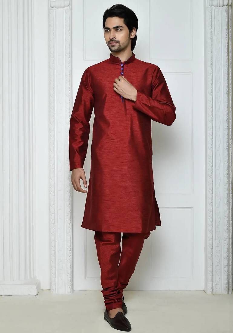 Maroon art silk mens  kurta with churidar set