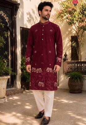 Maroon lachko embroidery party wear kurta and payjama 1