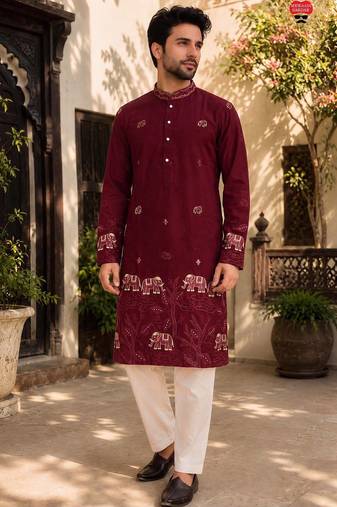 Maroon lachko embroidery party wear kurta and payjama