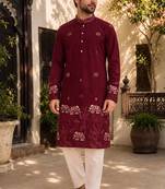 Maroon lachko embroidery party wear kurta and payjama