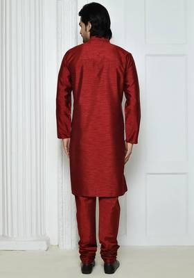 Maroon art silk mens  kurta with churidar set 2