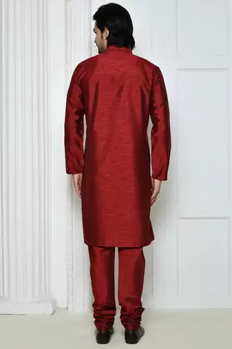Maroon art silk mens  kurta with churidar set