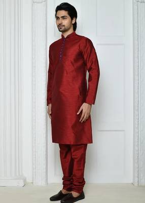 Maroon art silk mens  kurta with churidar set 3