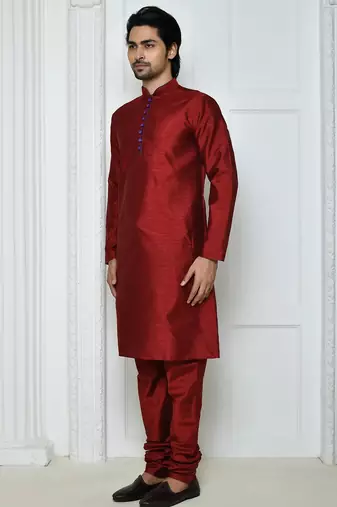 Maroon art silk mens  kurta with churidar set