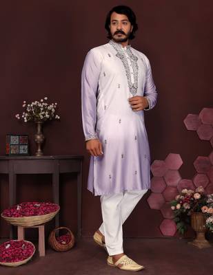 White cotton silk embroidery party wear kurta and payjama 2