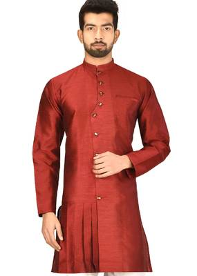 Maroon art silk mens  kurta with churidar set 1