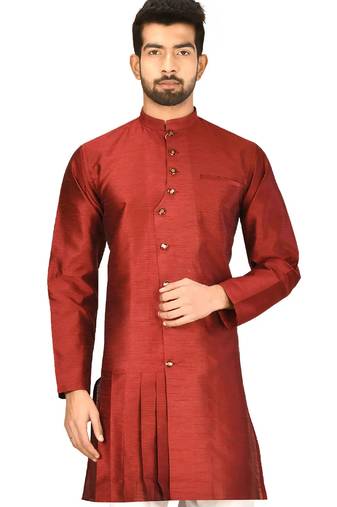 Maroon art silk mens  kurta with churidar set