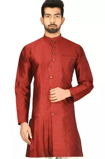 Maroon art silk mens  kurta with churidar set