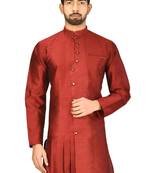Maroon art silk mens  kurta with churidar set