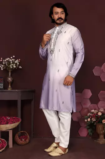 White cotton silk embroidery party wear kurta and payjama