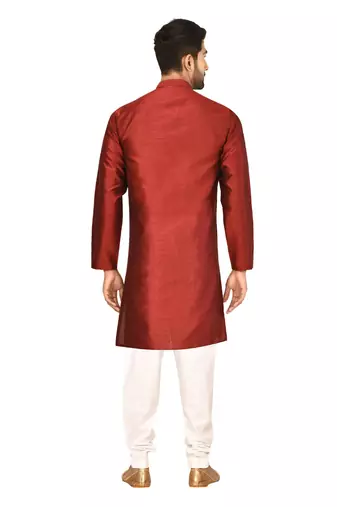Maroon art silk mens  kurta with churidar set