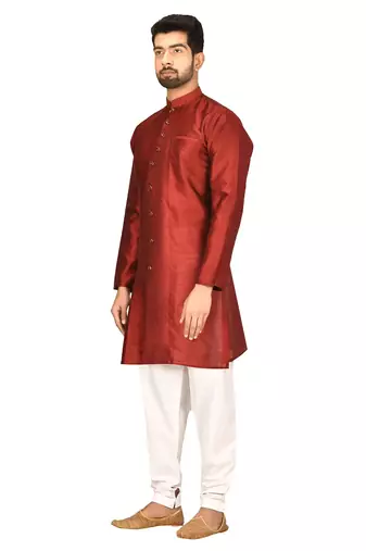 Maroon art silk mens  kurta with churidar set
