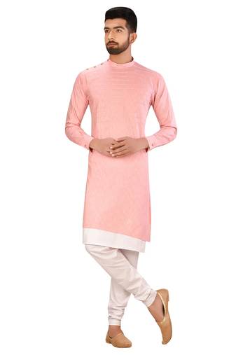 Pink  art silk mens  kurta with churidar set