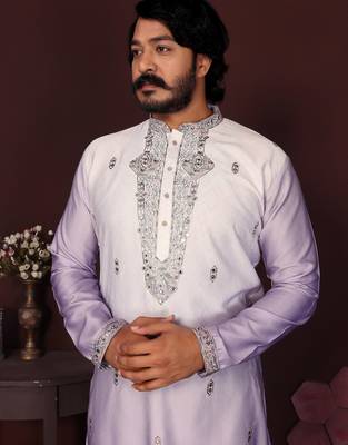 White cotton silk embroidery party wear kurta and payjama 5