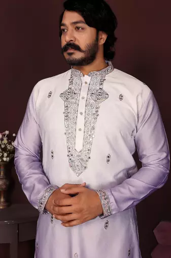 White cotton silk embroidery party wear kurta and payjama