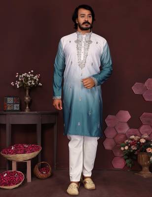 Morpech cotton silk embroidery party wear kurta and payjama 1