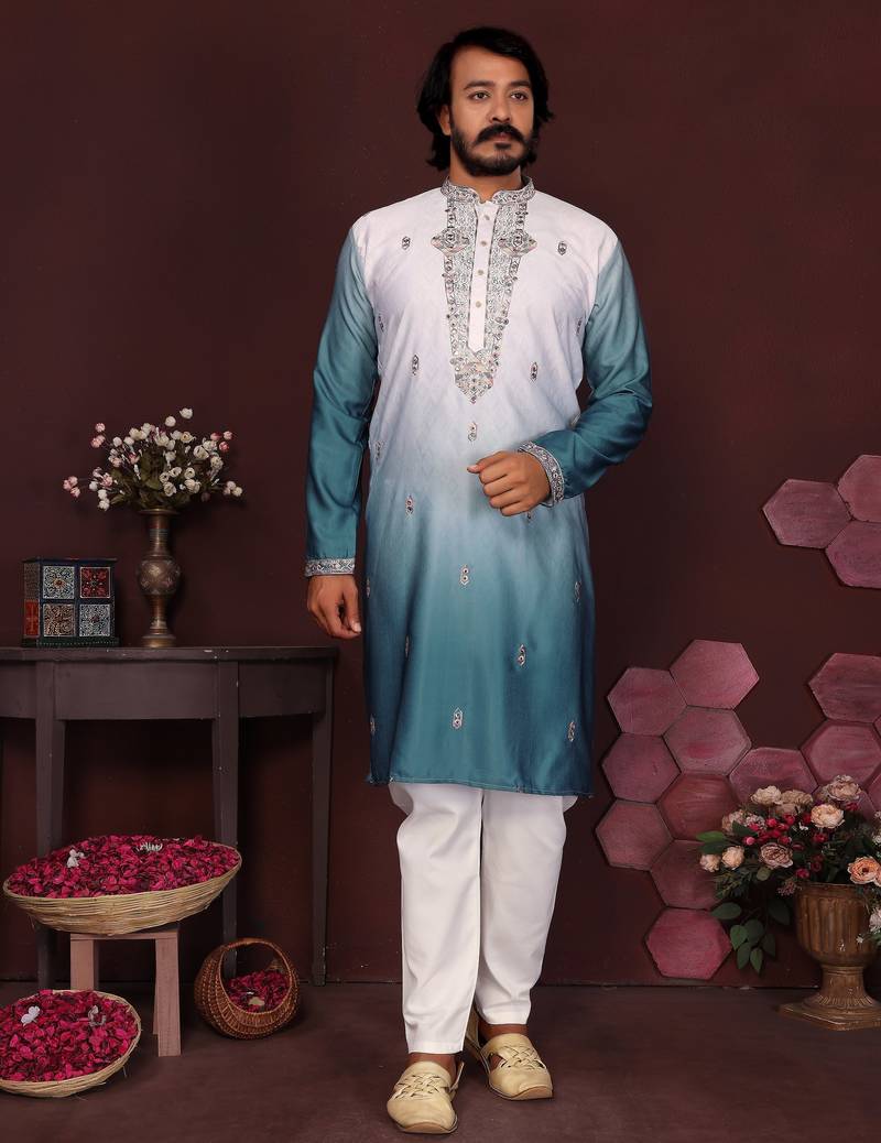 Morpech cotton silk embroidery party wear kurta and payjama