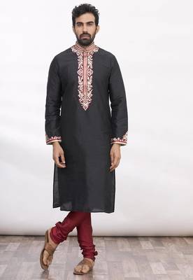 Black art silk mens  kurta with churidar set 1