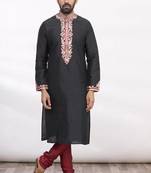 Black art silk mens  kurta with churidar set