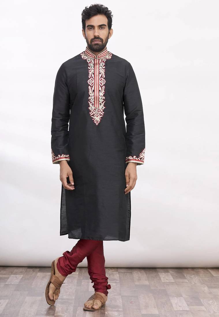 Black art silk mens  kurta with churidar set
