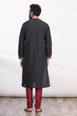 Black art silk mens  kurta with churidar set 2