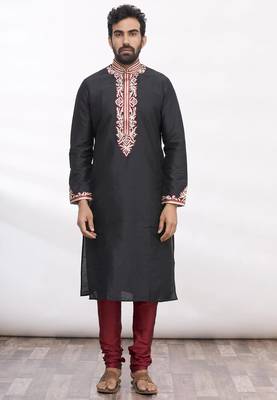Black art silk mens  kurta with churidar set 3