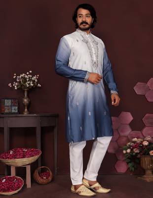 Blue cotton silk embroidery party wear kurta and payjama 2