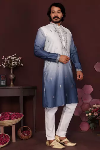 Blue cotton silk embroidery party wear kurta and payjama