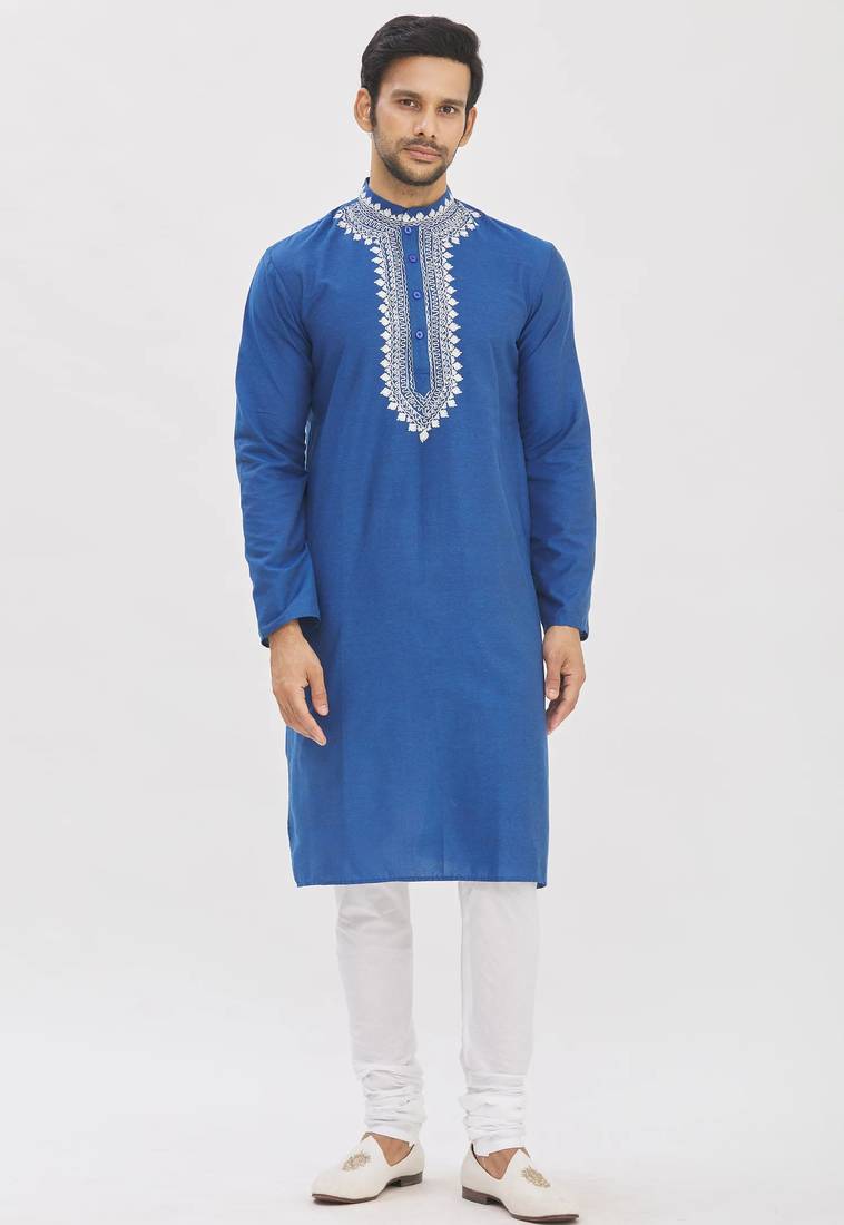Blue cotton blendmens  kurta with churidar set