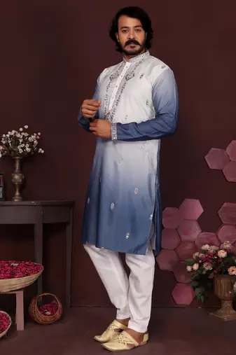 Blue cotton silk embroidery party wear kurta and payjama