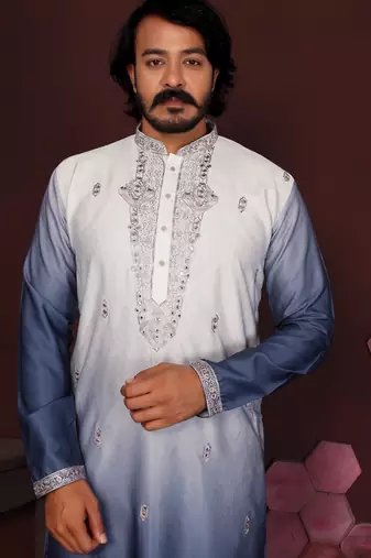 Blue cotton silk embroidery party wear kurta and payjama