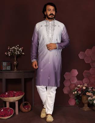 Purple cotton silk embroidery party wear kurta and payjama 1