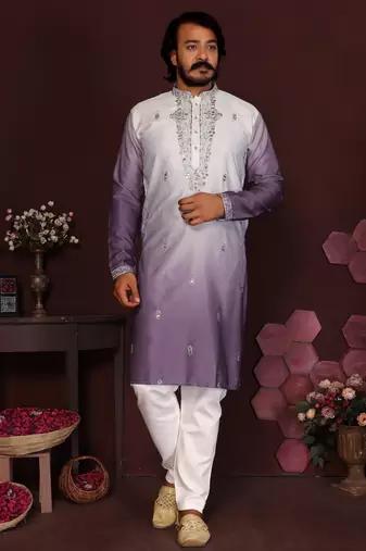 Purple cotton silk embroidery party wear kurta and payjama