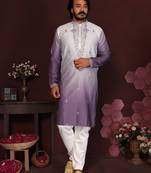 Purple cotton silk embroidery party wear kurta and payjama