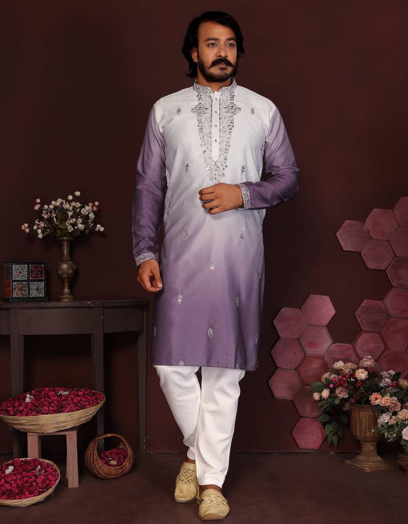 Purple cotton silk embroidery party wear kurta and payjama