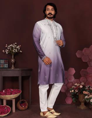 Purple cotton silk embroidery party wear kurta and payjama 2