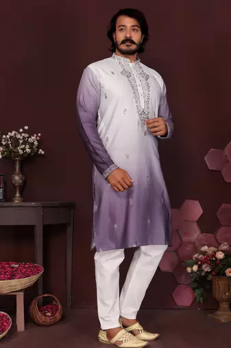 Purple cotton silk embroidery party wear kurta and payjama