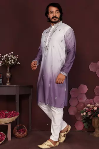 Purple cotton silk embroidery party wear kurta and payjama