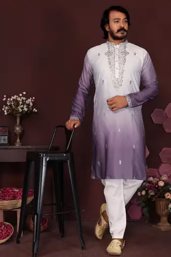 Purple cotton silk embroidery party wear kurta and payjama