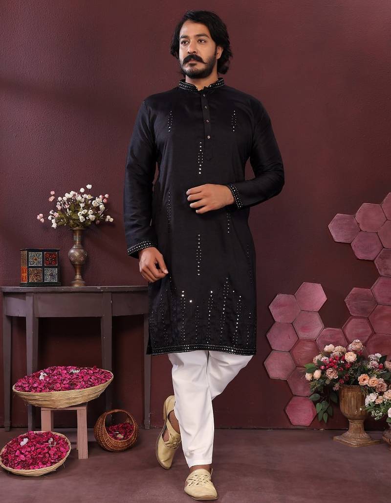 Black smart silk embroidery party wear kurta and payjama